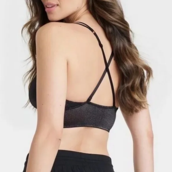 NWT Auden Unlined V-neck Strappy Criss Cross Back Bralette L Sparkly Black - Picture 2 of 5